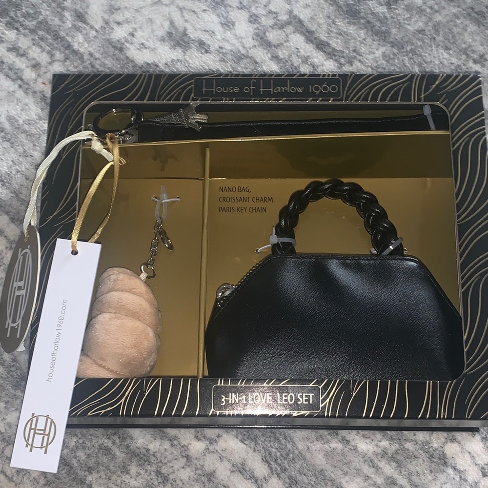 House of Harlow 1960 Black Mini Bag Set Crossant Keychain 3 In 1